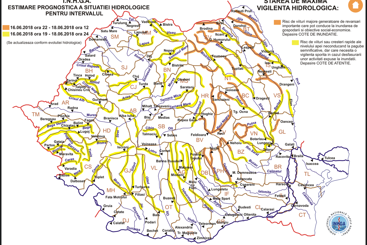 Cod portocaliu de inundații pe râurile Suceava, Moldova și Bistrița