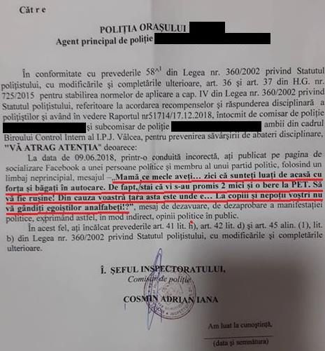 Polițist din Vâlcea “atenționat” de superiori după ce a comentat pe pagina de Facebook a unui politician FOTO