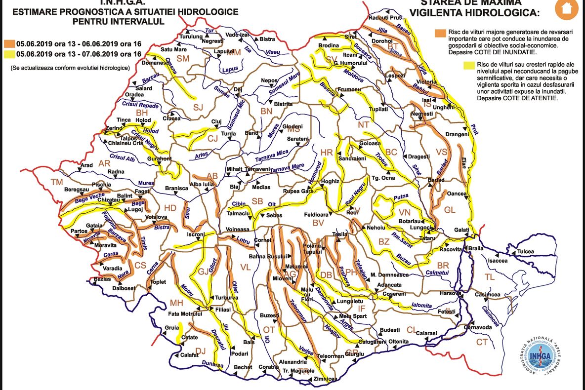 Codul galben de inundații prelungit până vineri seară