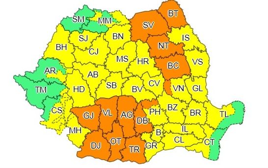 Cod portocaliu de ploi torențiale pentru județul Suceava