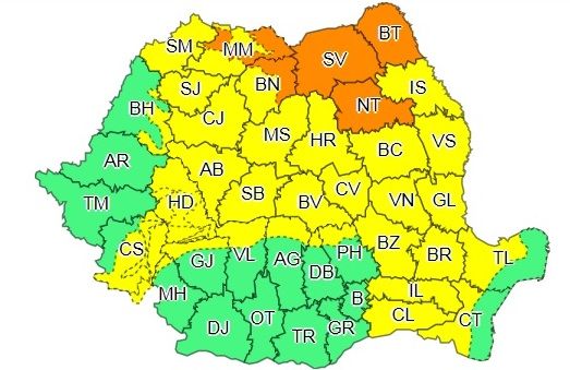 Cod portocaliu de ploi torențiale, vijelii și grindină, în județul Suceava