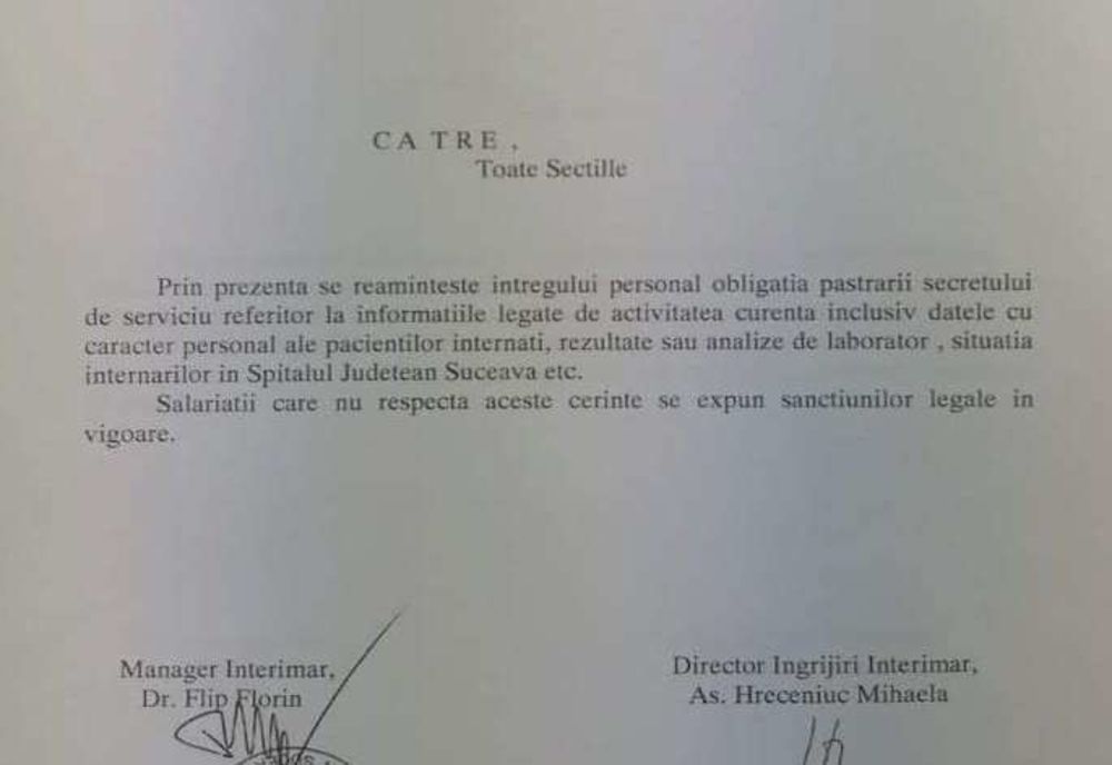 Cadrele medicale de la Spitalul Județean Suceava atenționate cu privire la obligativitatea păstrării secretului de serviciu
