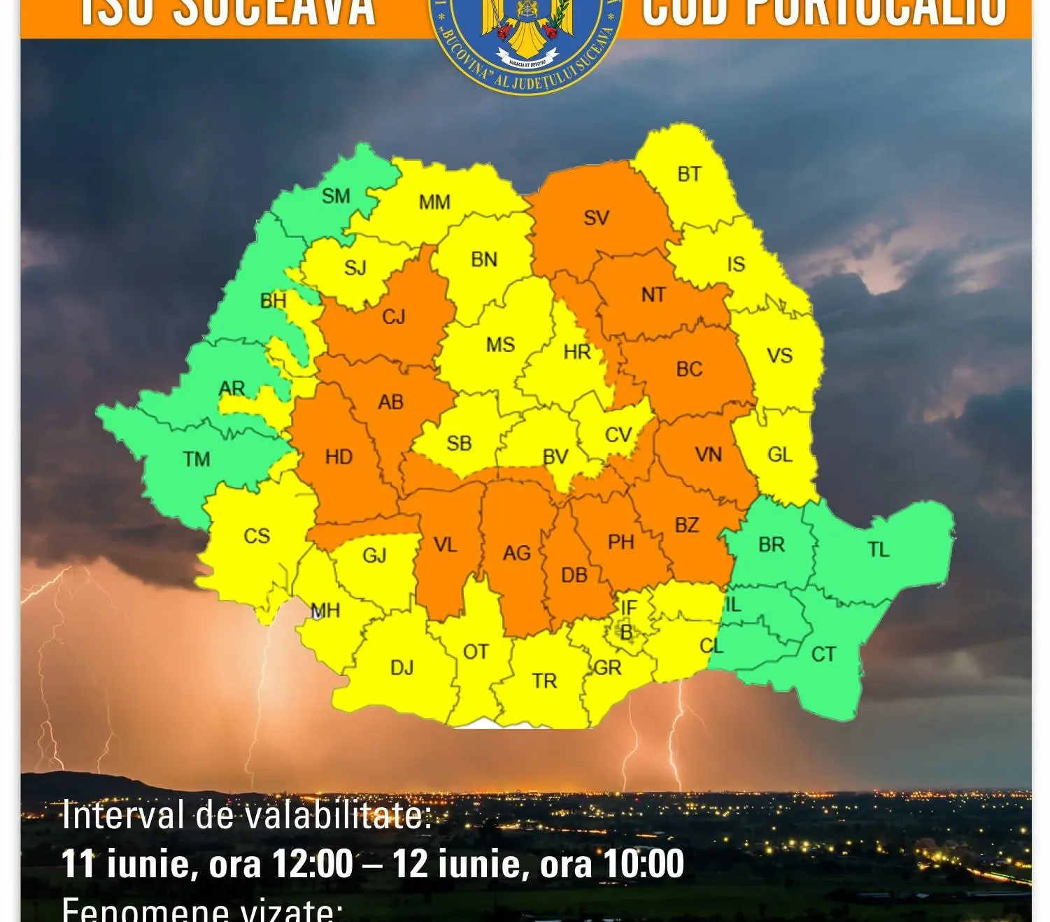 Cod portocaliu de vreme rea în județul Suceava