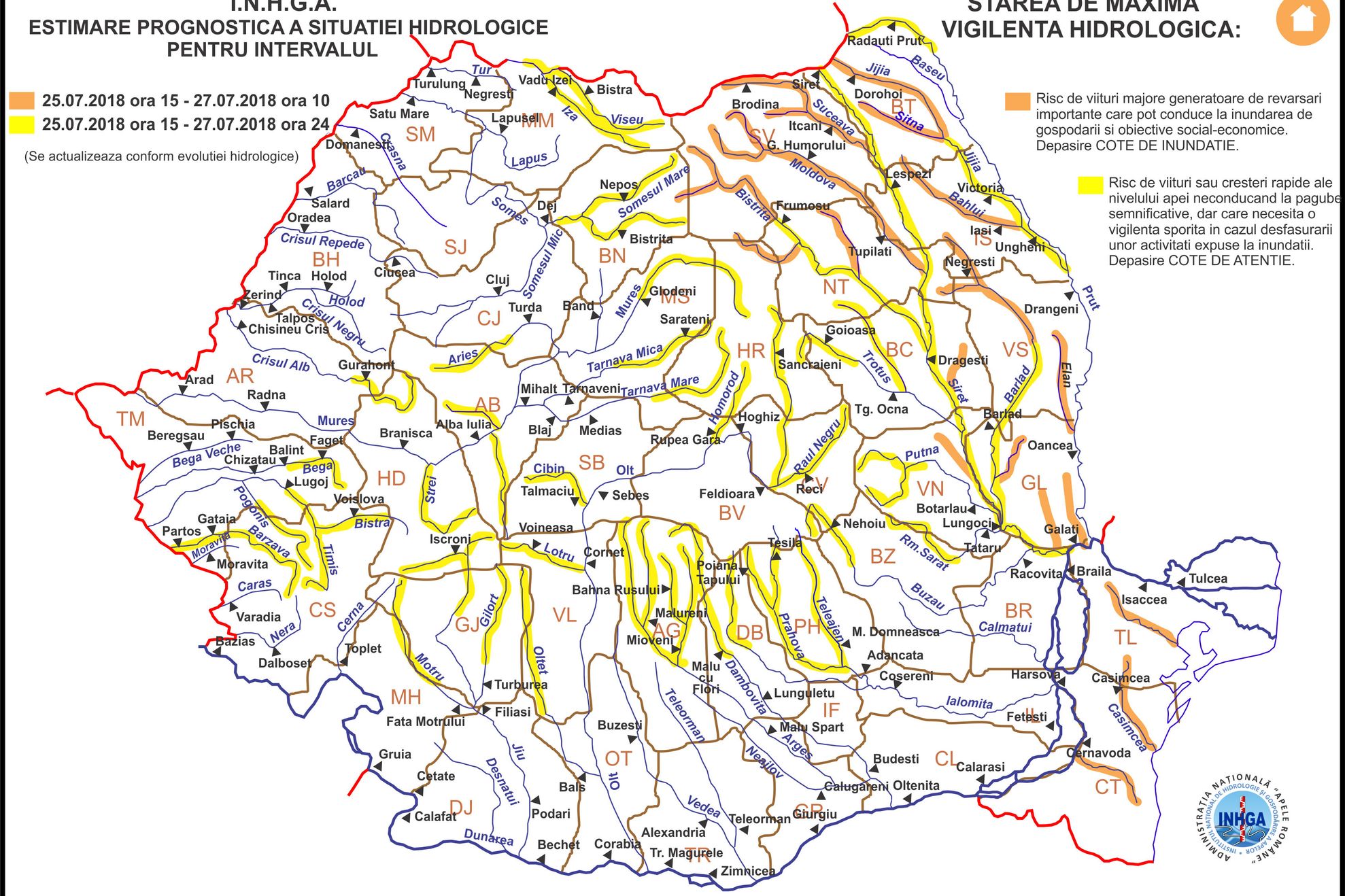 Harta Avertizare Hidrologica 25 iulie 2018