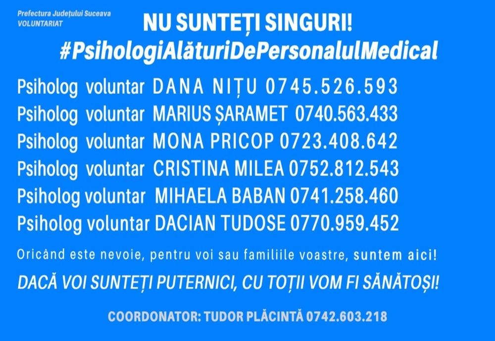 Asistență psihologică pentru cadrele medicale aflate în autoizolare